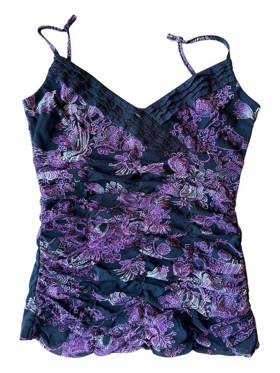 Mexx Tops - Mexx Black & Purple Floral Lace Trim Cami Top Ruched V-Neck Y2K Sheer Mesh Tank